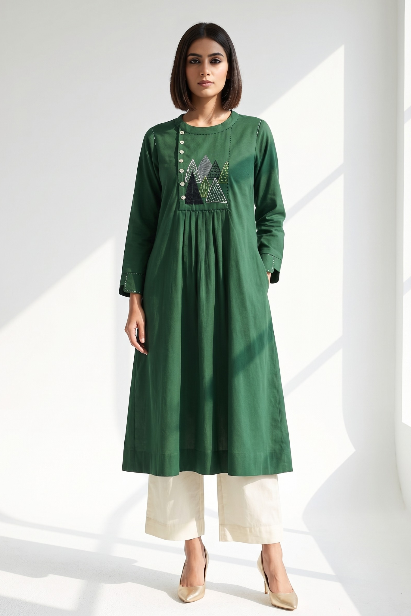 Jungle Jade Cotton Zen Yoke Gather Kurta Top