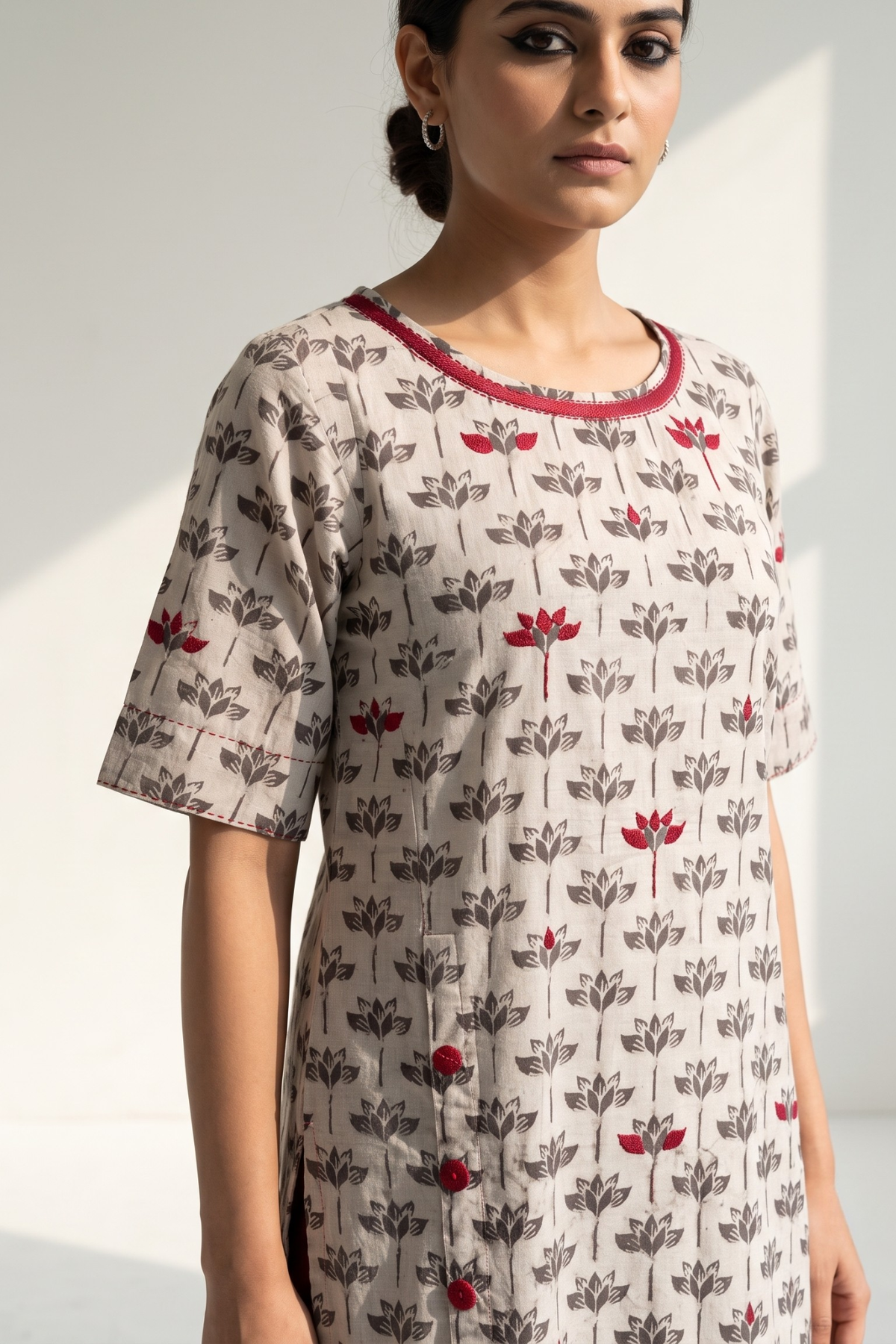 Kashish Grey Petal Bloom Side Button Front Slit Kurta Top Mc