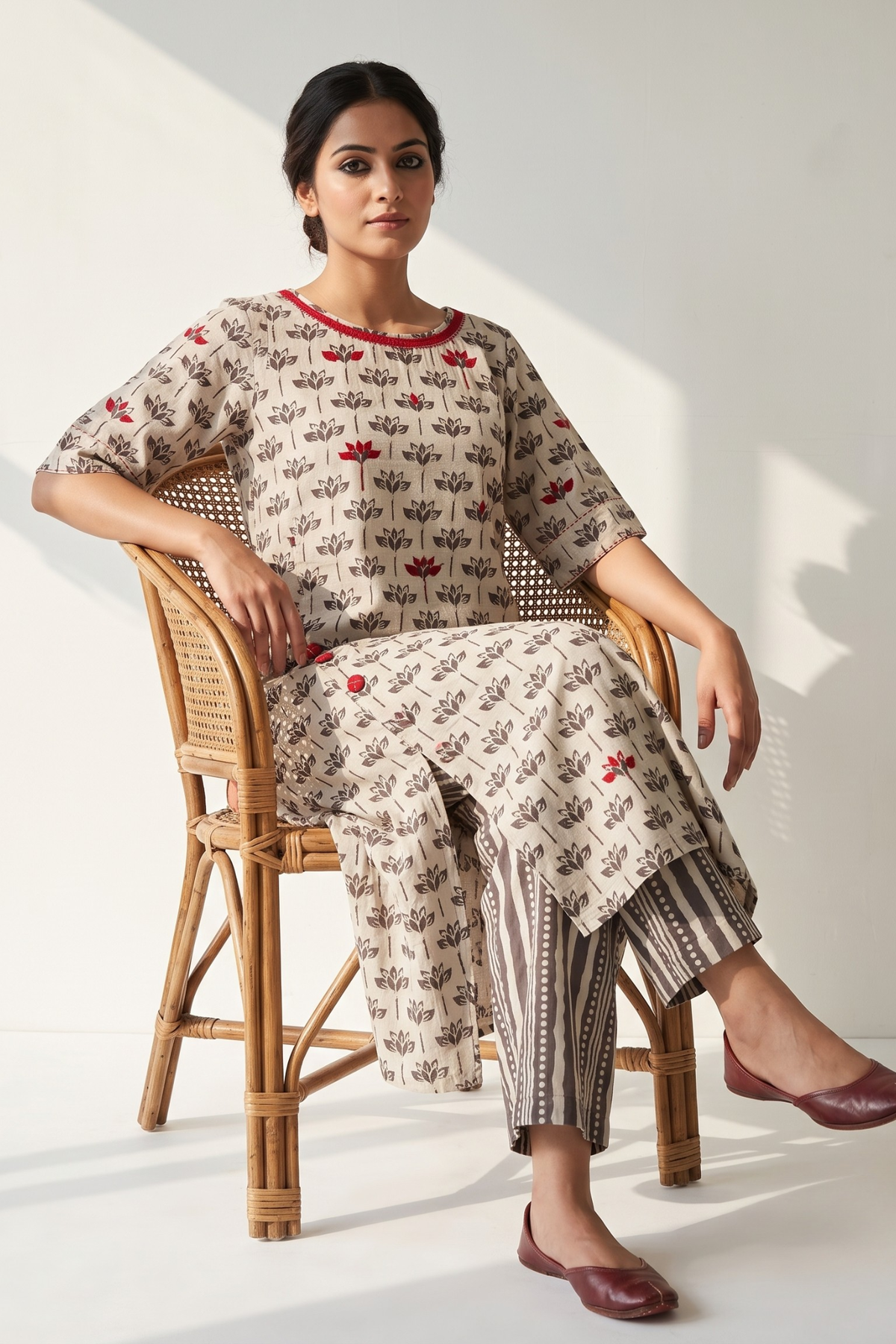 Kashish Grey Petal Bloom Side Button Front Slit Kurta Top Mc
