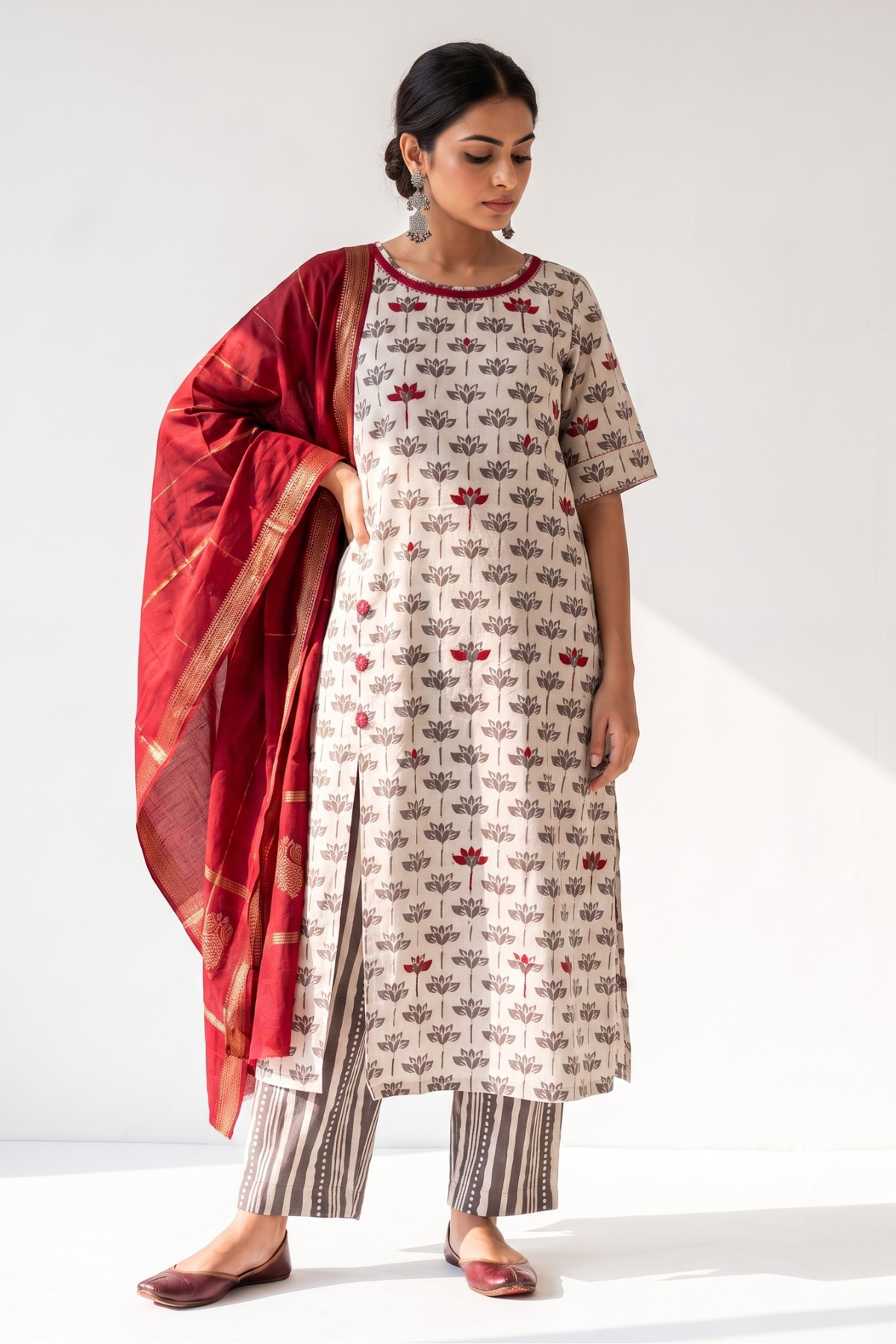 Kashish Grey Petal Bloom Side Button Front Slit Kurta Top Mc