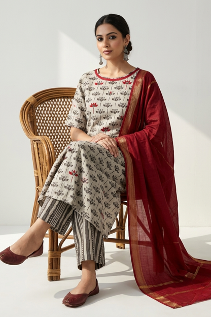 Kashish Grey Petal Bloom Side Button Front Slit Kurta Top Mc