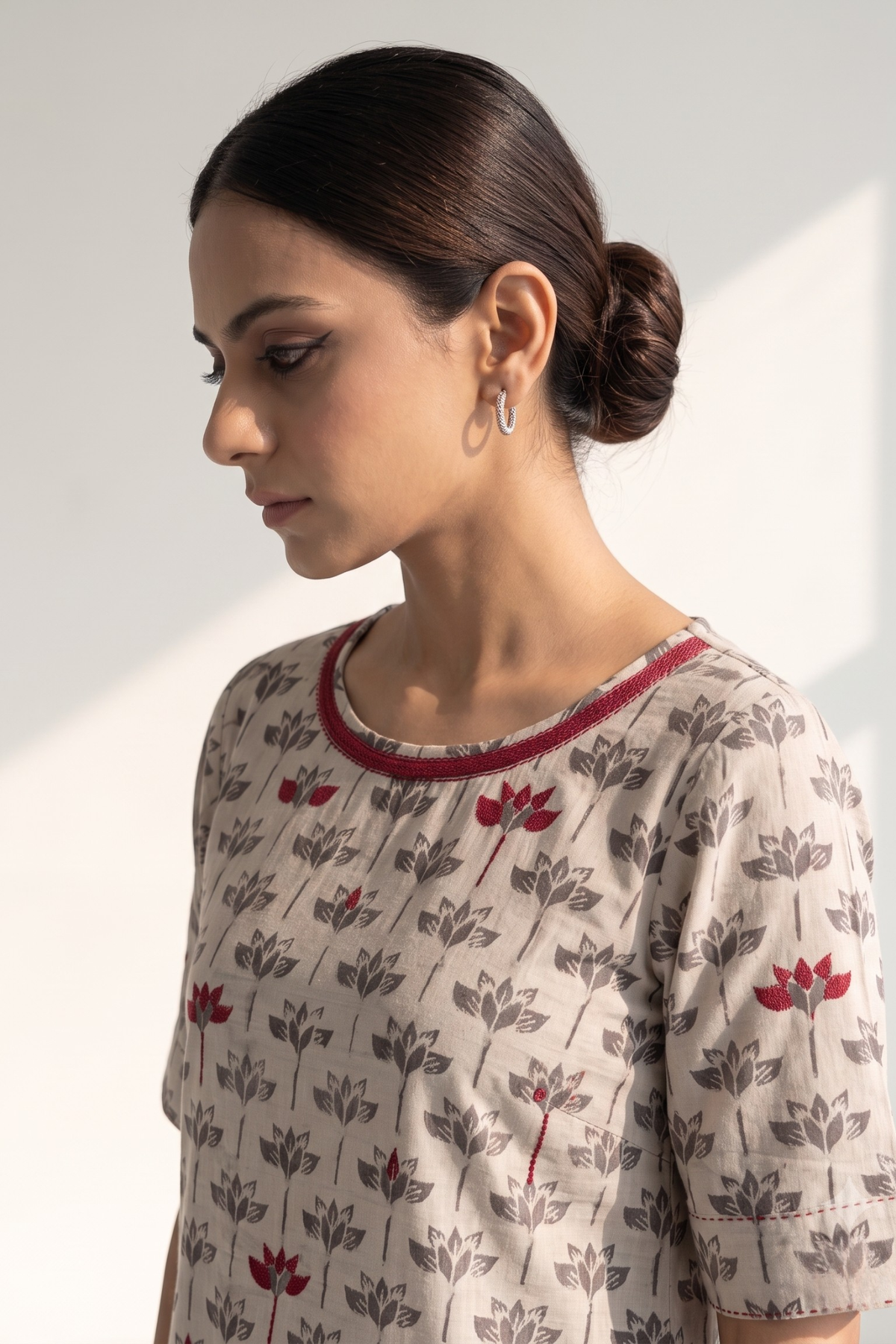 Kashish Grey Petal Bloom Side Button Front Slit Kurta Top Mc