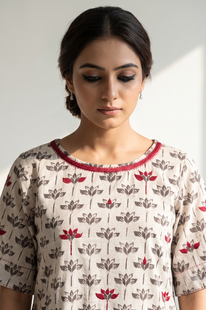 Kashish Grey Petal Bloom Side Button Front Slit Kurta Top Mc