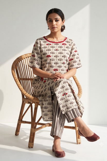 Kashish Grey Petal Bloom Side Button Front Slit Kurta Top Mc