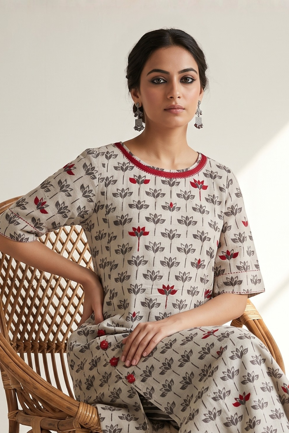 Kashish Grey Petal Bloom Side Button Front Slit Kurta Top Mc