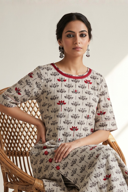 Kashish Grey Petal Bloom Side Button Front Slit Kurta Top Mc