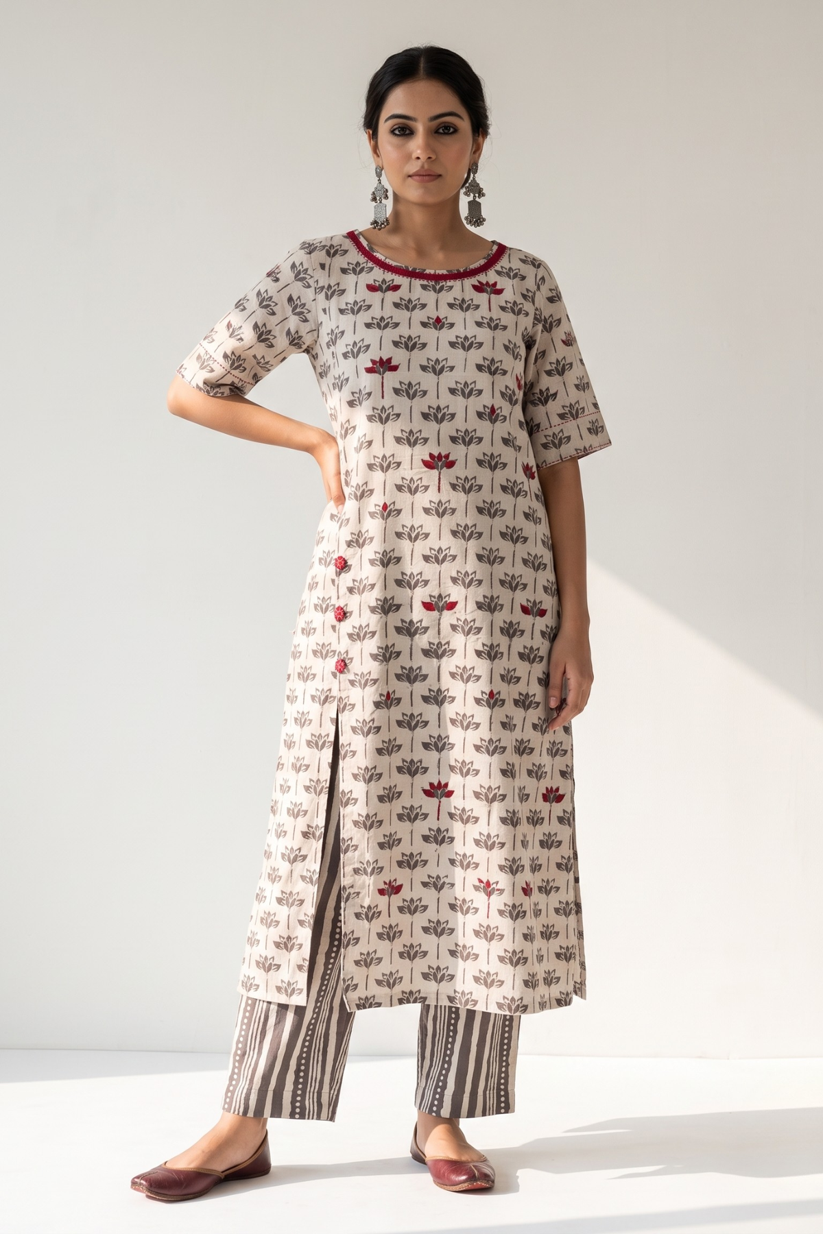 Kashish Grey Petal Bloom Side Button Front Slit Kurta Top Mc