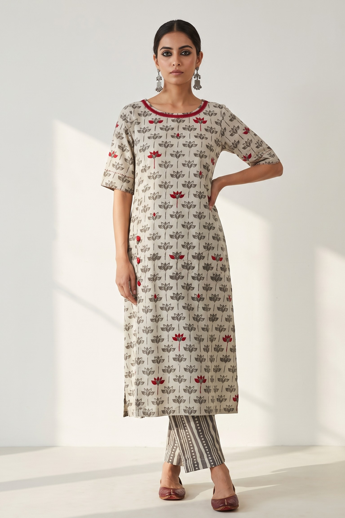 Kashish Grey Petal Bloom Side Button Front Slit Kurta Top Mc