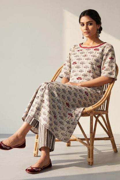 Kashish Grey Petal Bloom Side Button Front Slit Kurta Top Mc