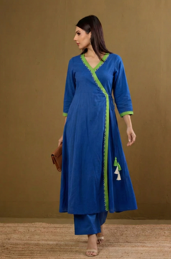 Maati  Lime Lagoon Tie-Up Cotton Angrakha Kurta