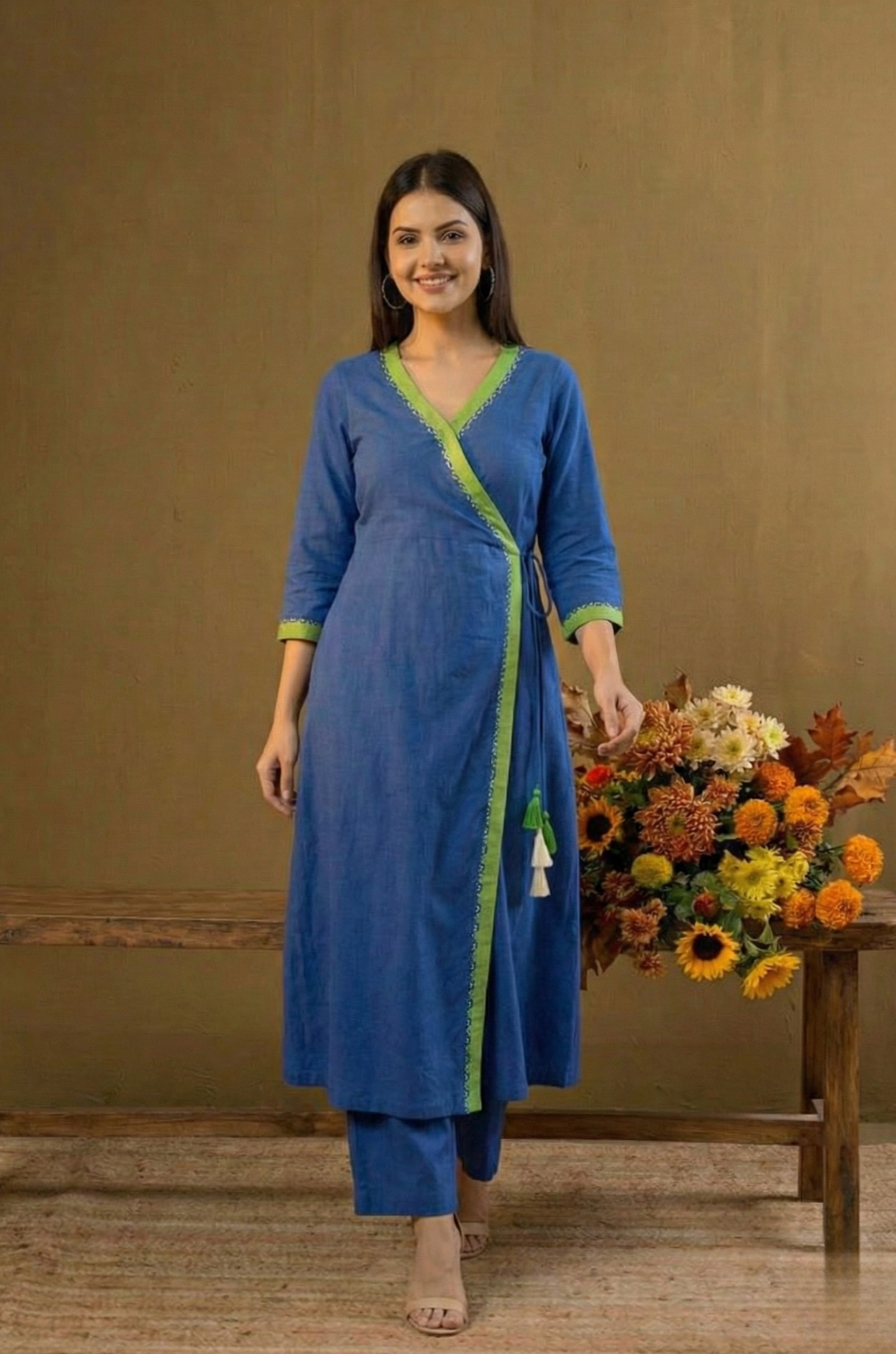 Maati  Lime Lagoon Tie-Up Cotton Angrakha Kurta
