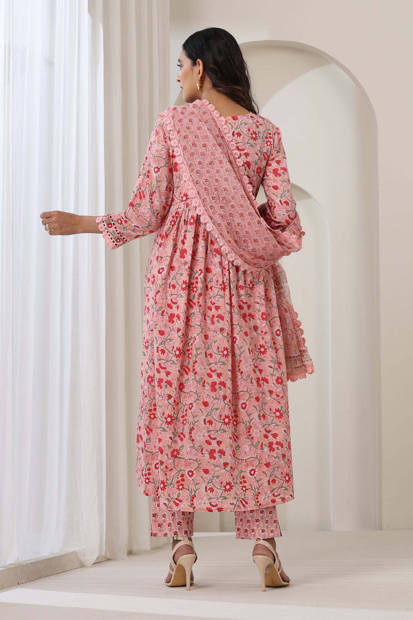 Murraya Blooming Peach Gathered Kurta Set of 3