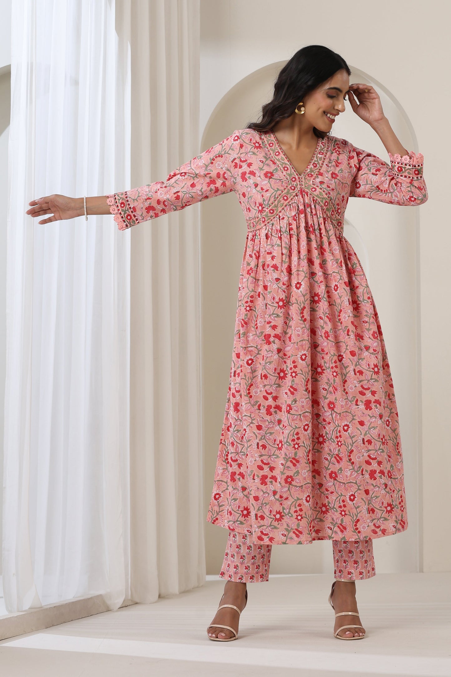 Murraya Blooming Peach Gathered Kurta Set of 3