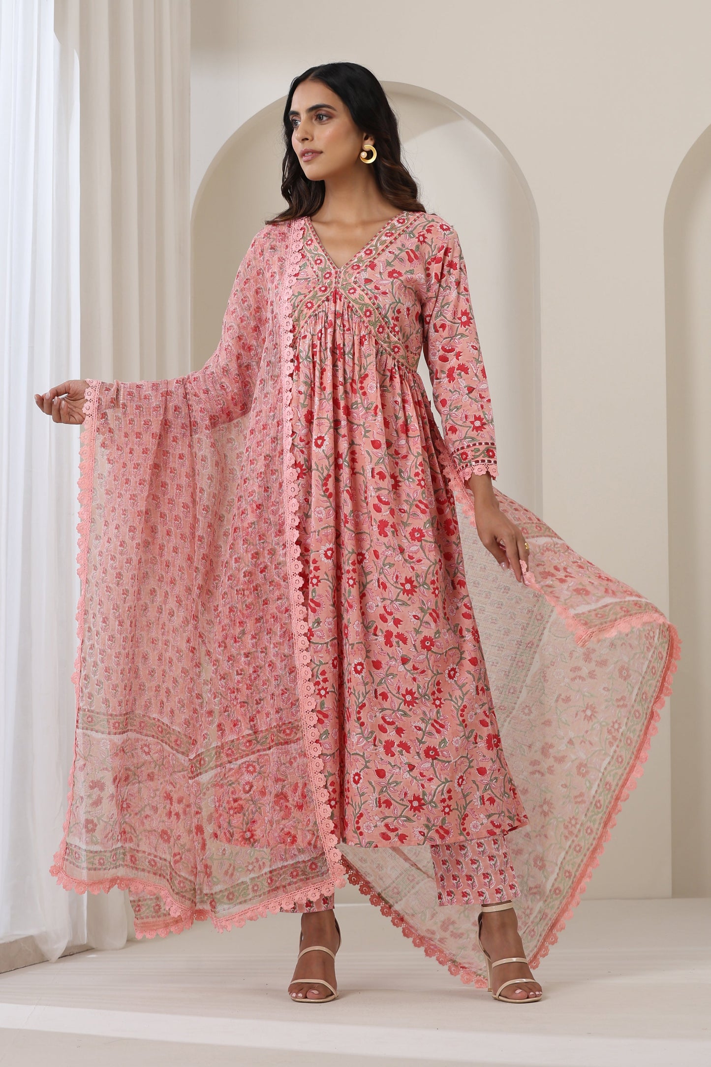 Murraya Blooming Peach Gathered Kurta Set of 3