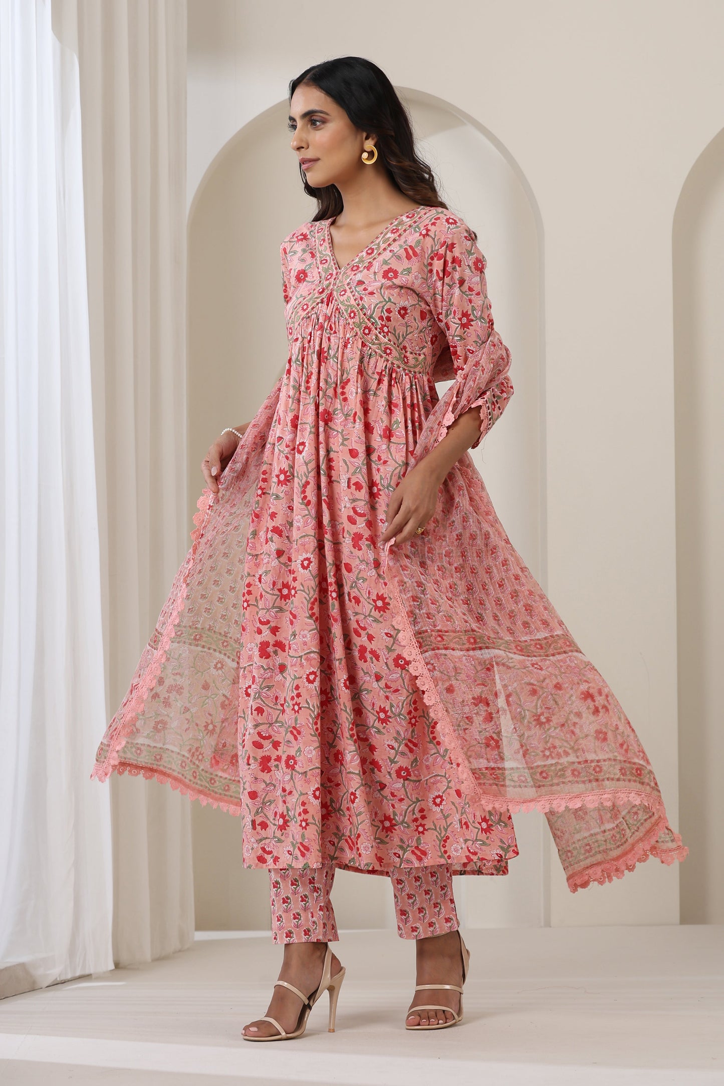 Murraya Blooming Peach Gathered Kurta Set of 3