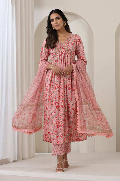 Murraya Blooming Peach Gathered Kurta Set of 3