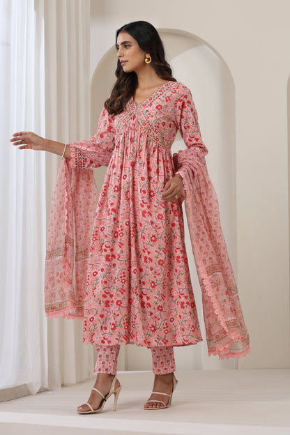 Murraya Blooming Peach Gathered Kurta Set of 3