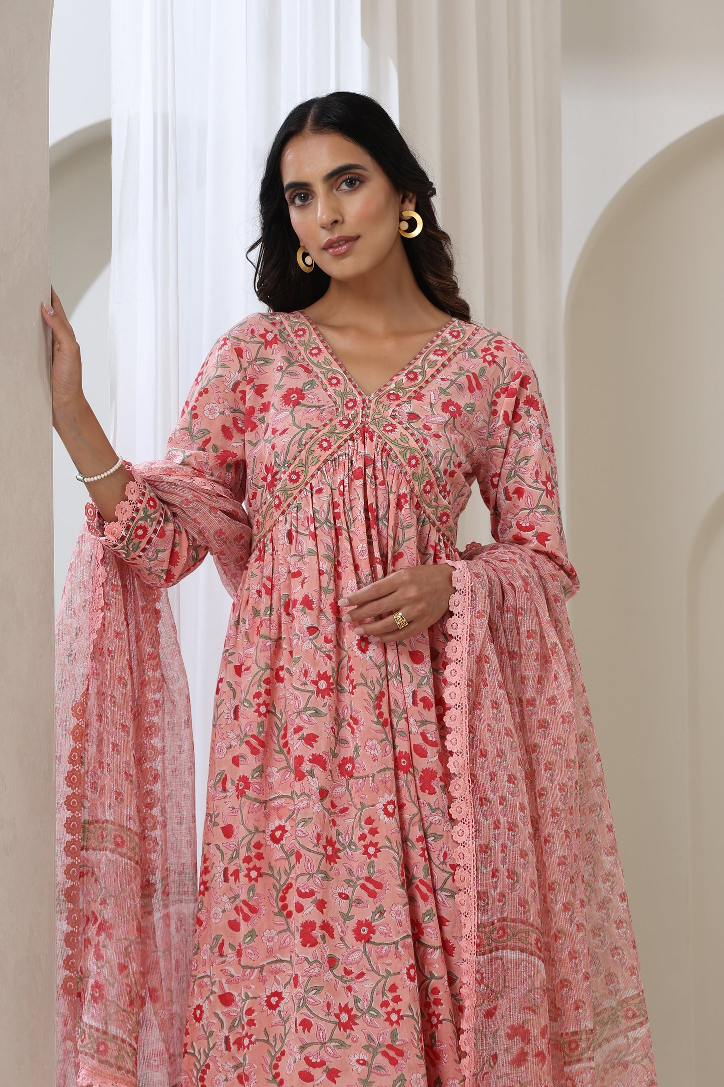 Murraya Blooming Peach Gathered Kurta Set of 3