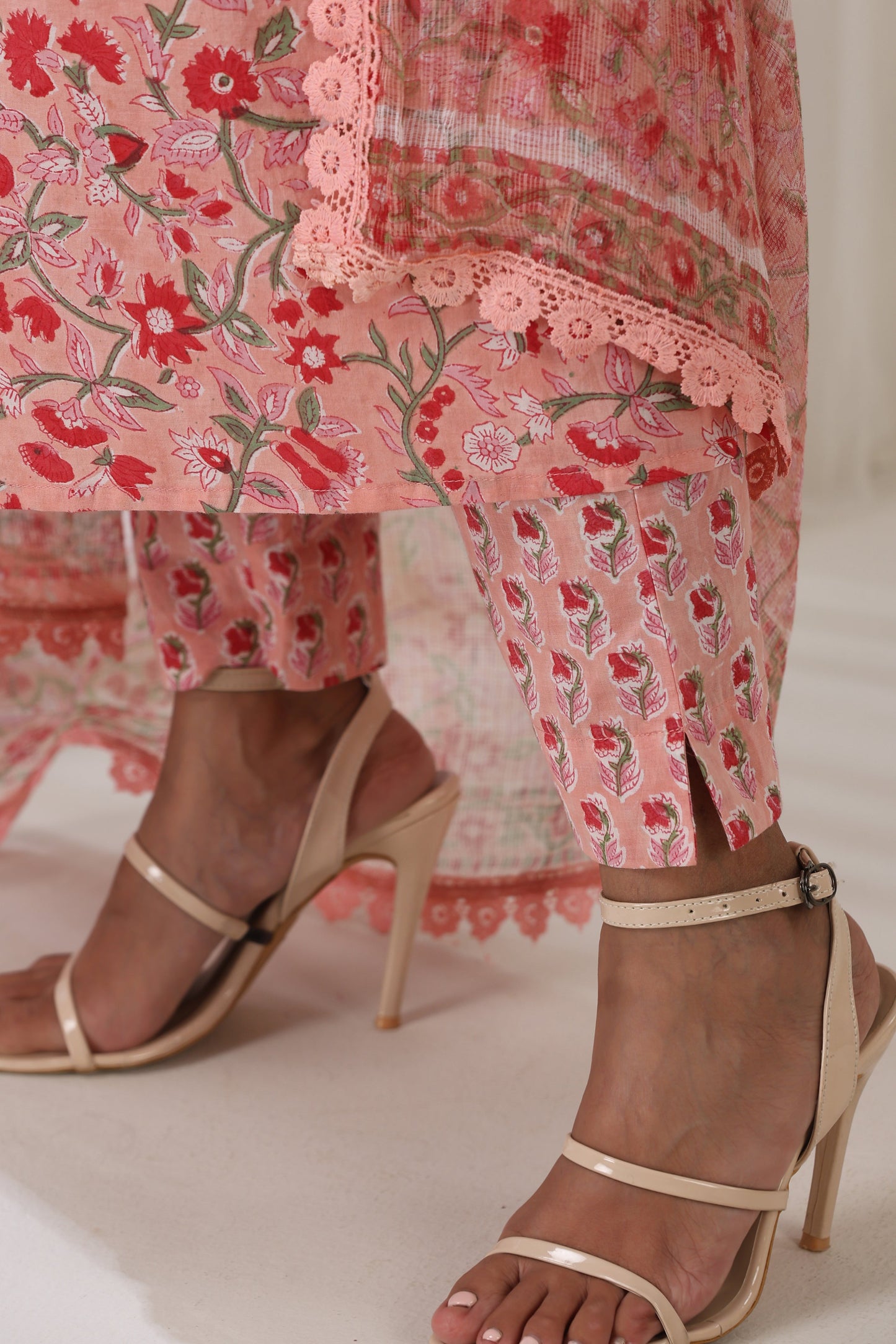 Murraya Blooming Peach Gathered Kurta Set of 3