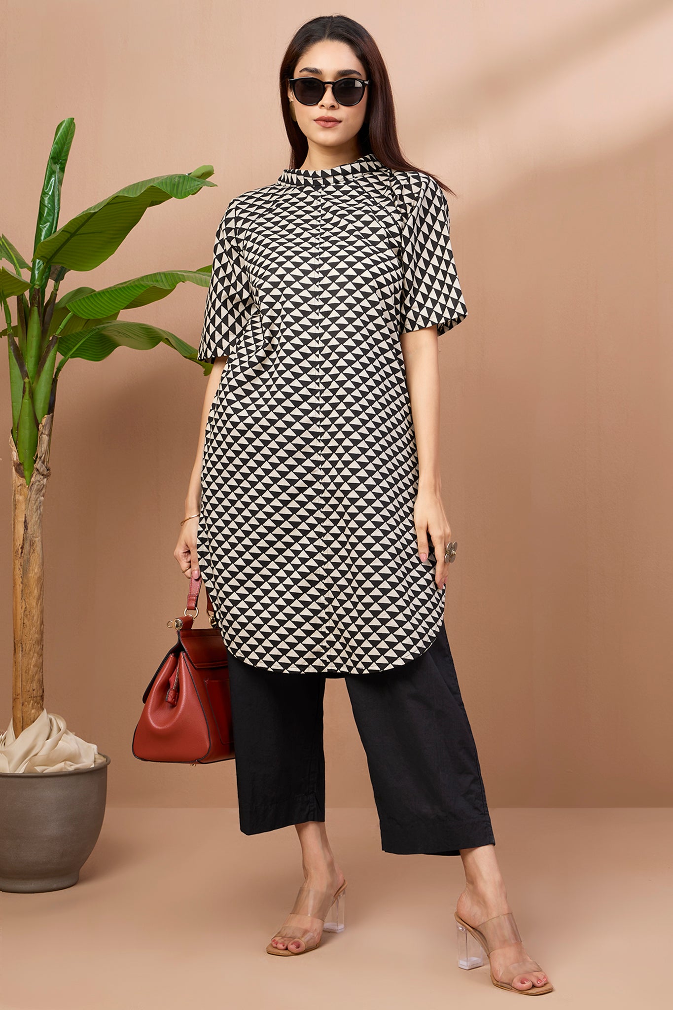 Cowl Neck Cotton Tunic Kurta Top Onyx Triangle