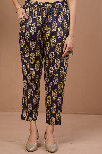 Maati Craft comfort fit ankle length narrow pants  - grey blue yellow buttas