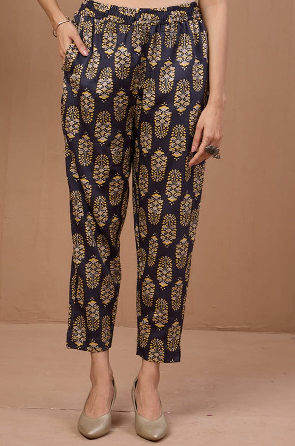 Maati Craft comfort fit ankle length narrow pants  - grey blue yellow buttas