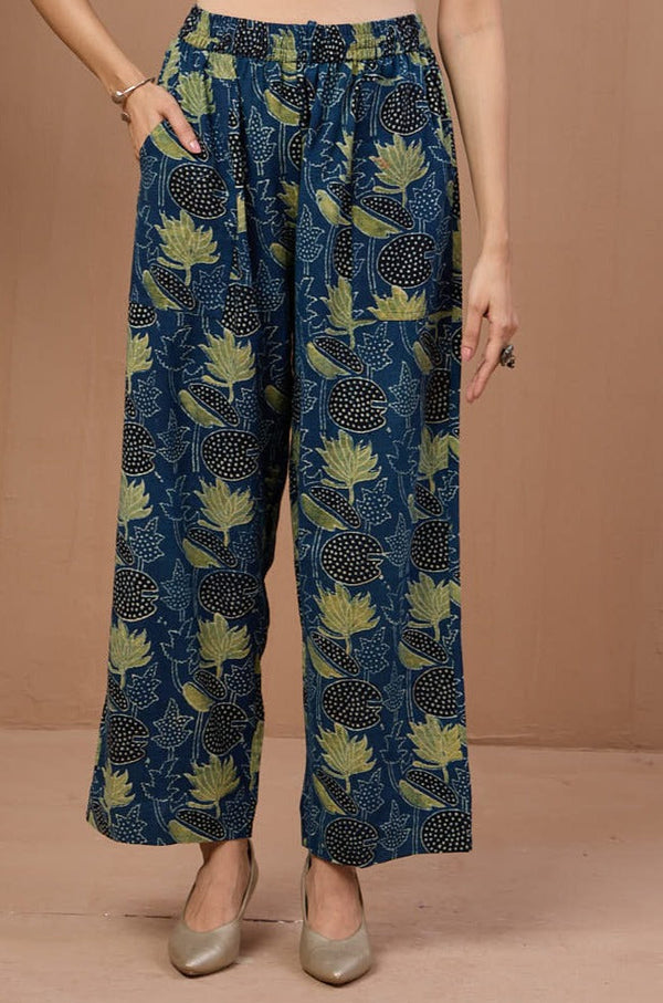 Maati Craft comfort fit ankle length narrow pants  - indigo henna lotus