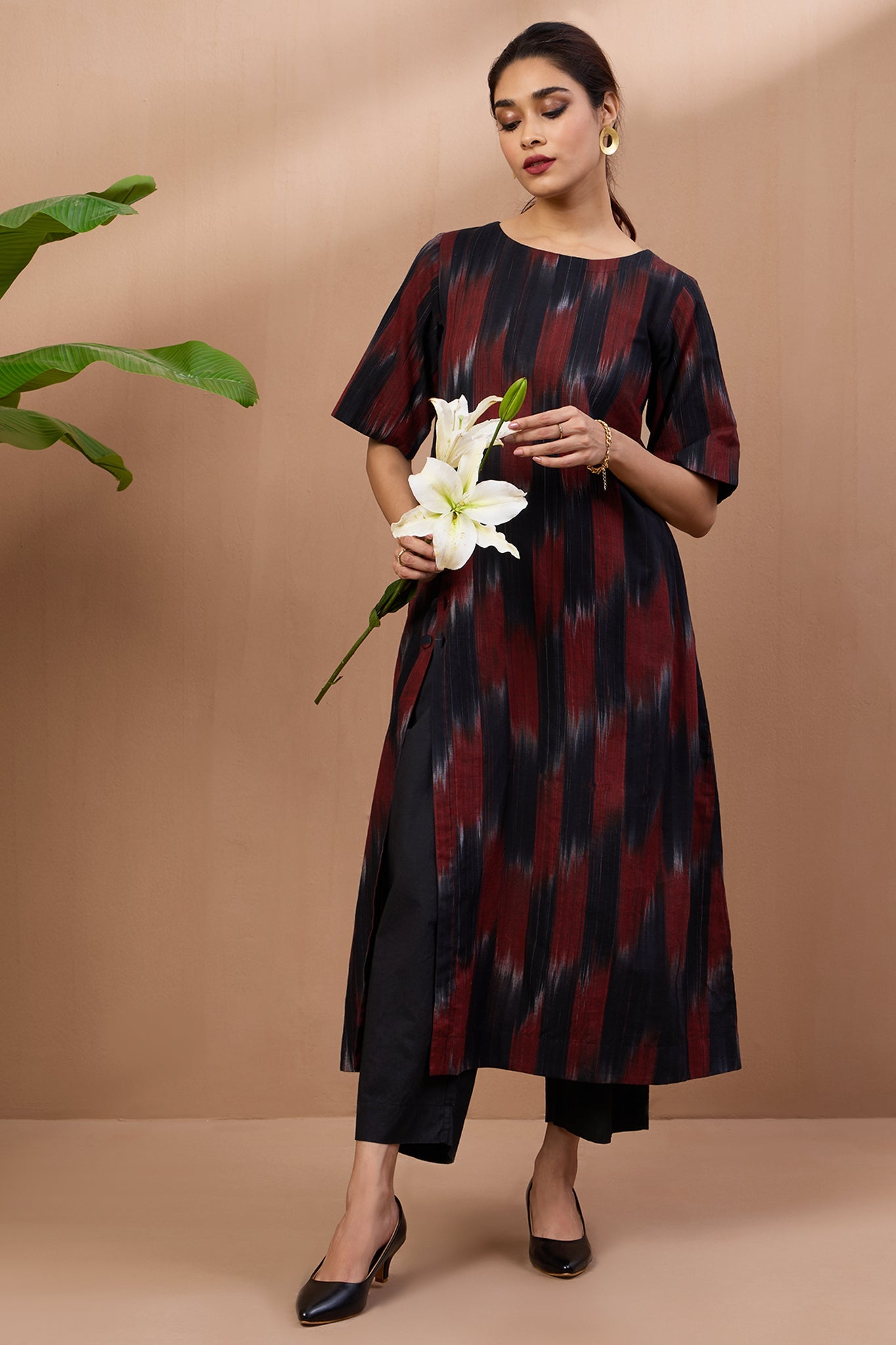 Side Button Front Slit Kurta Top Kohl Flames Mc