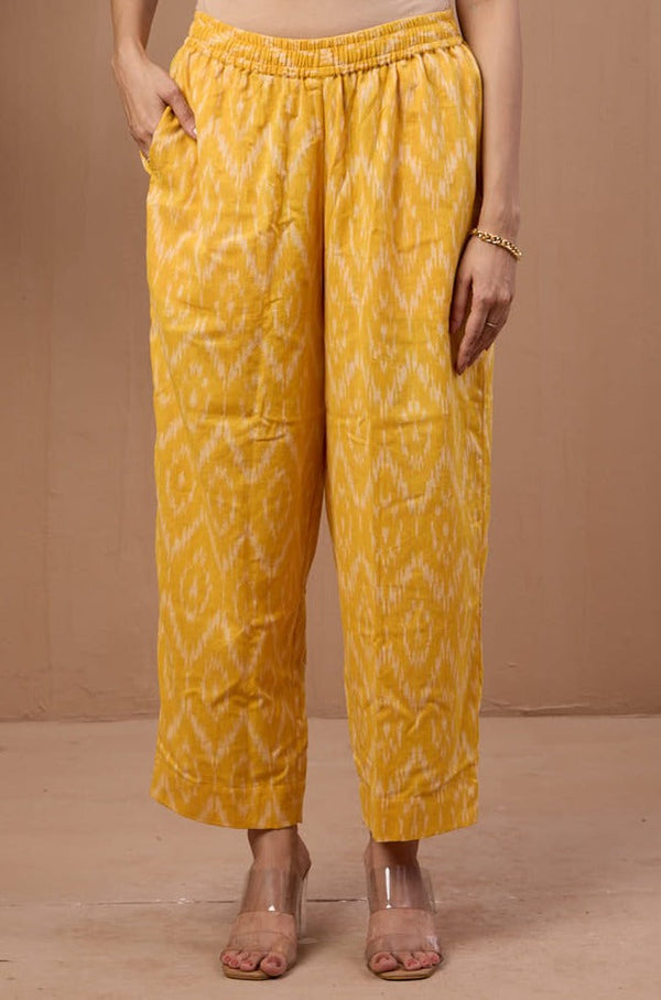 Maati Craft comfort fit ankle length narrow pants  - yellow ikat cotton printed pants