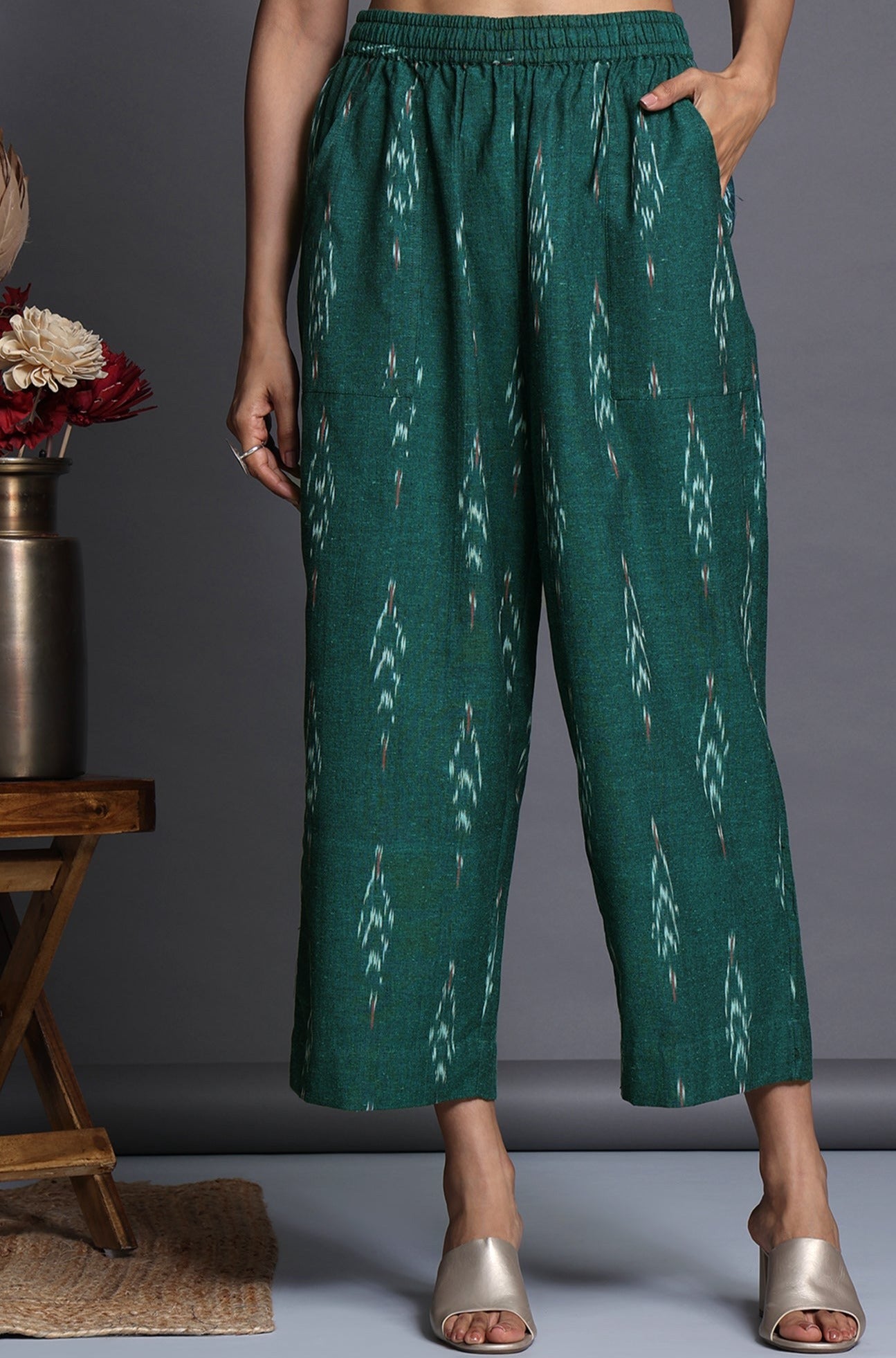 Maati Craft comfort fit cotton pants - rama green ikat