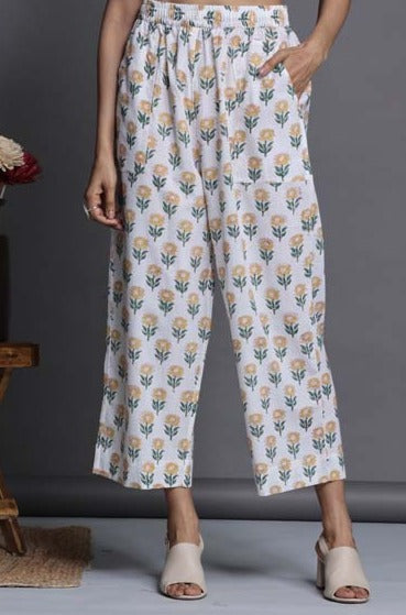 Maati Craft comfort fit cotton printed pants - white yellow sunflower buttis