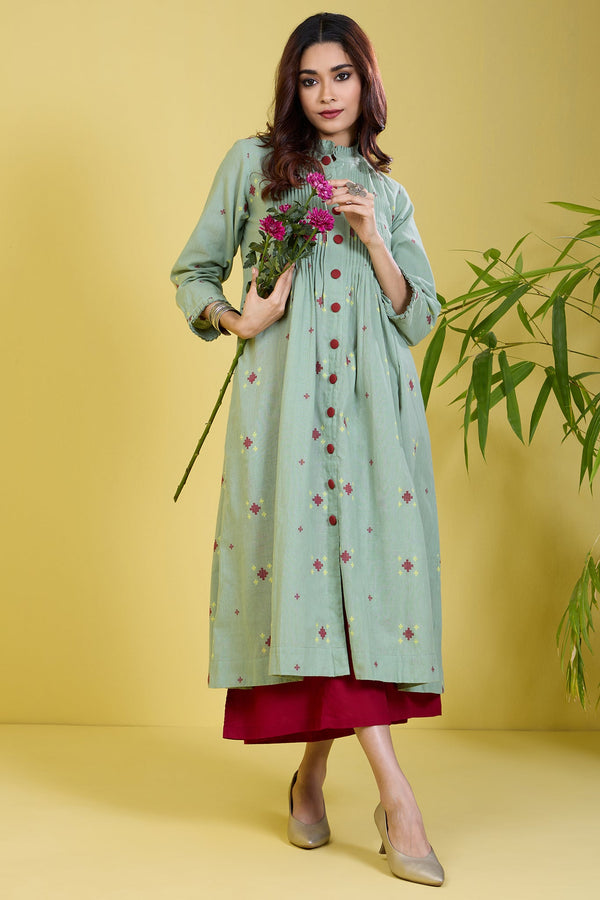 Pleated Neck Pintuck Dress Soft Sageberry Mc