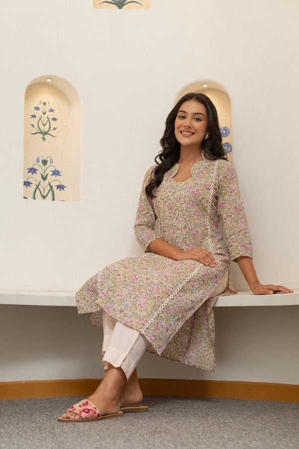 Crenel Rose Printed Cotton Kurta Only