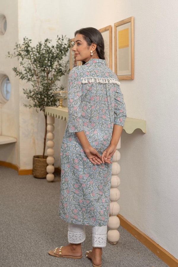 Pearl Vivid Blue Printed Cotton Kurta