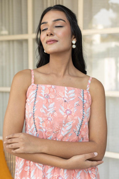 Plush Coral Floral Printed Cotton Dress