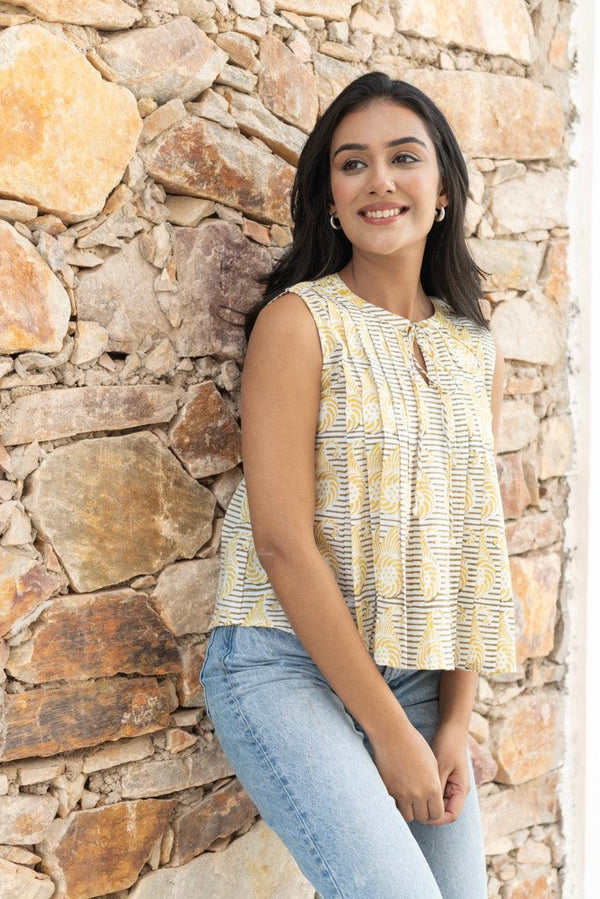 Tan Lemonade Printed Cotton Top