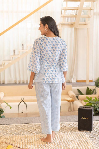 Blue Birdy Cotton Printed Lounge Set