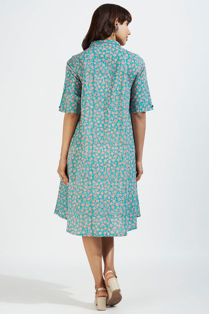 Contemporary Collar Swing Dress - Aruba Blue & Coastal Blooms Mc