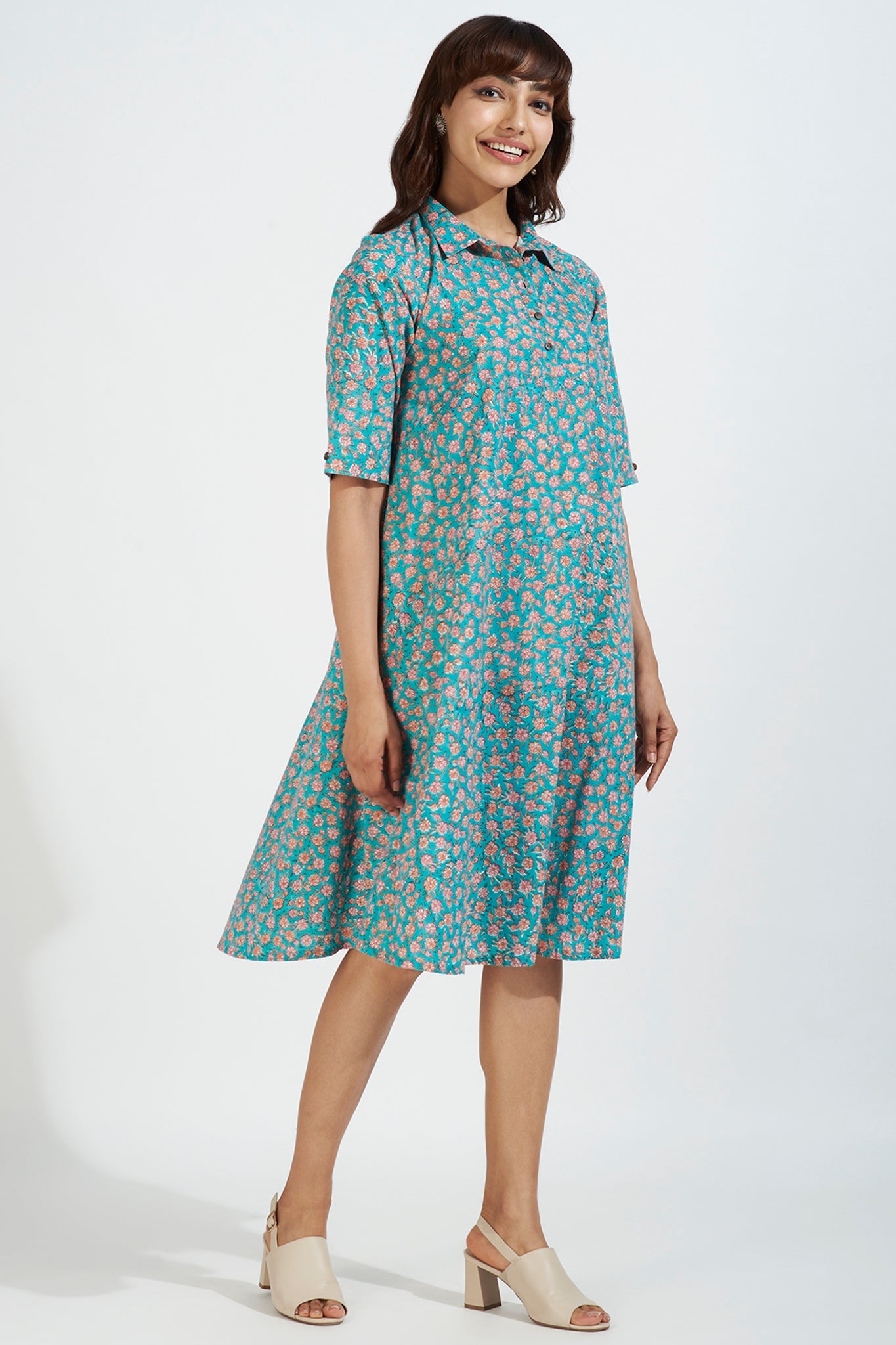 Contemporary Collar Swing Dress - Aruba Blue & Coastal Blooms Mc