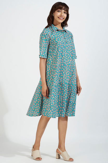 Contemporary Collar Swing Dress - Aruba Blue & Coastal Blooms Mc