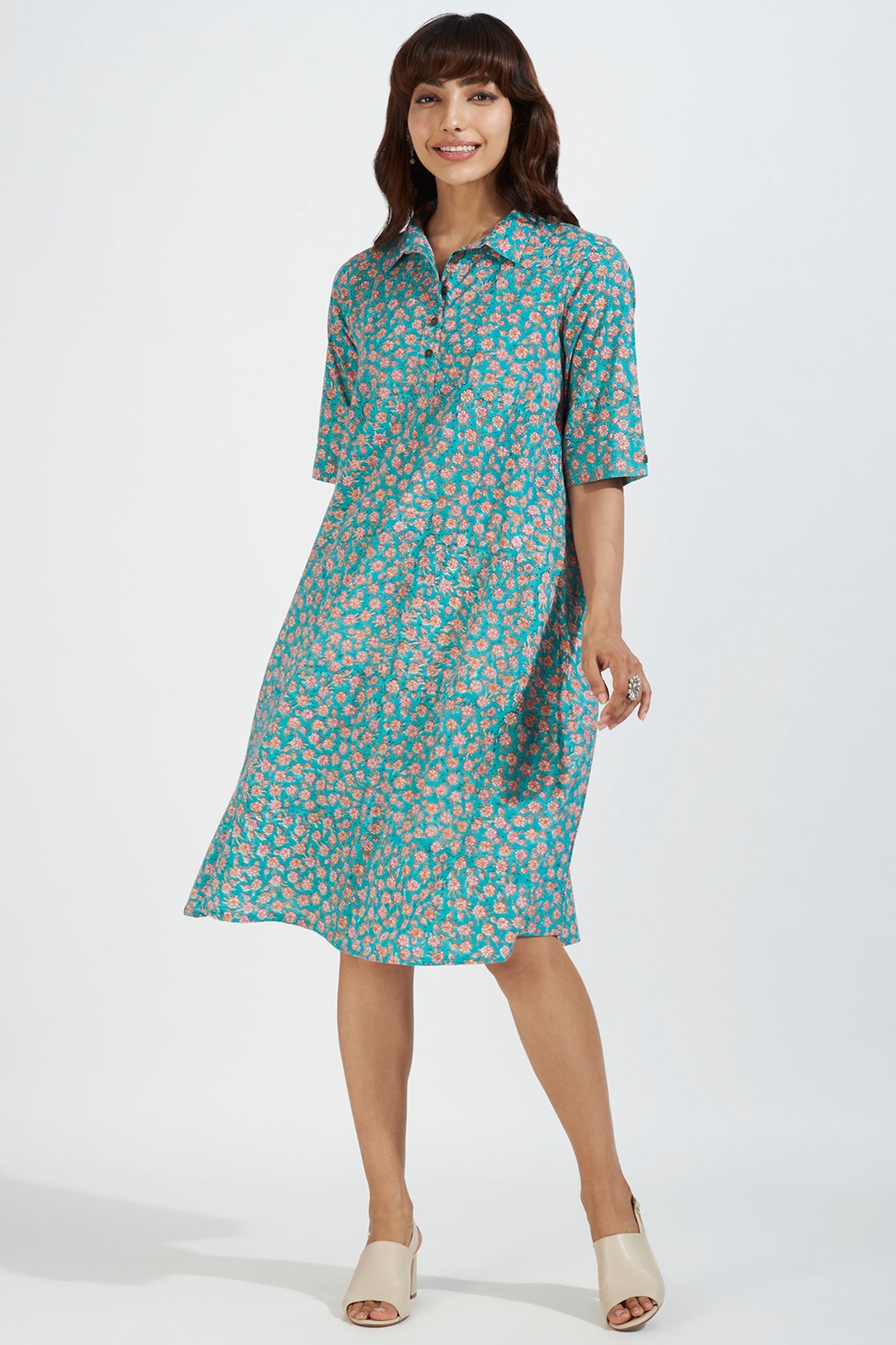 Contemporary Collar Swing Dress - Aruba Blue & Coastal Blooms Mc