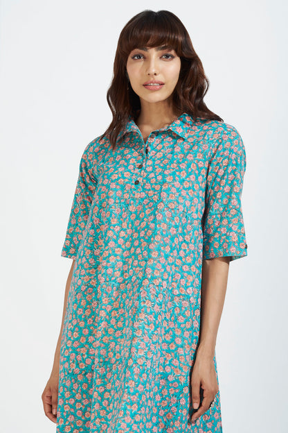Contemporary Collar Swing Dress - Aruba Blue & Coastal Blooms Mc
