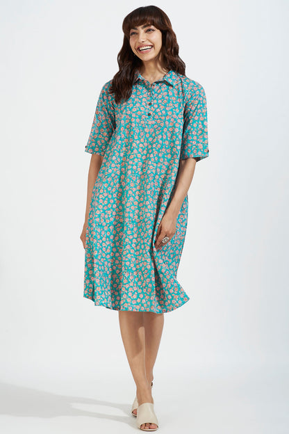 Contemporary Collar Swing Dress - Aruba Blue & Coastal Blooms Mc