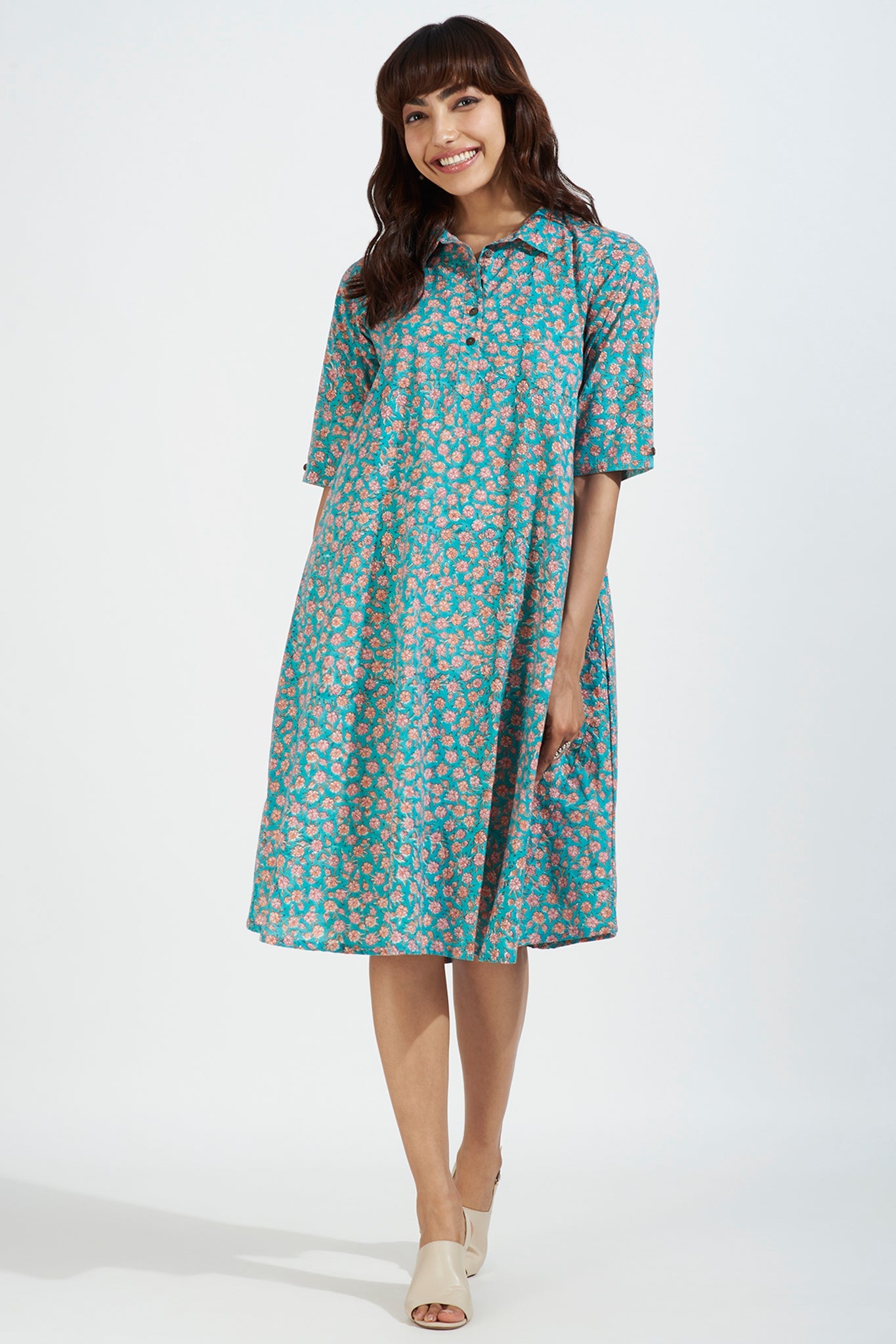 Contemporary Collar Swing Dress - Aruba Blue & Coastal Blooms Mc