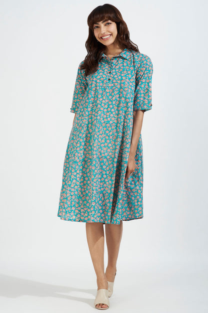 Contemporary Collar Swing Dress - Aruba Blue & Coastal Blooms Mc