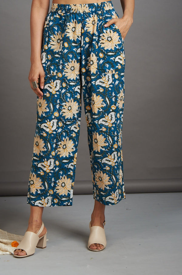 Maati Craft comfort fit cotton pants - blue sunflower yellow