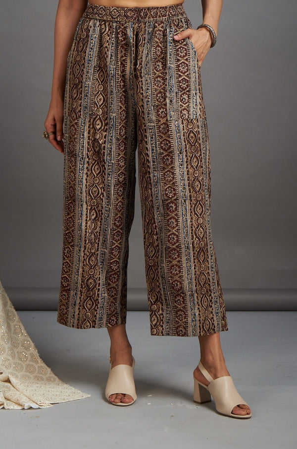 Maati Craft comfort fit cotton printed pants - brown kalamkari lines