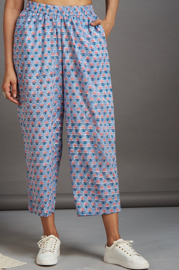 Maati Craft comfort fit ankle length narrow pants  - grey pink buta