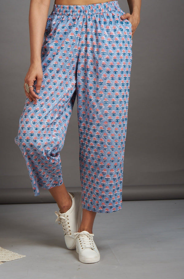 Maati Craft comfort fit ankle length narrow pants  - grey pink buta