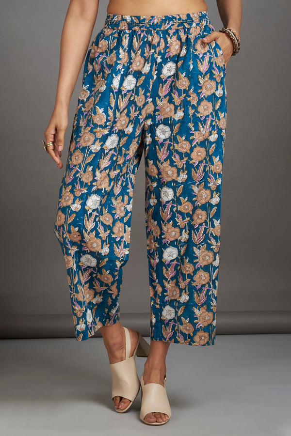 Maati Craft comfort fit cotton pants - blue beige printed flowers